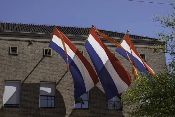 Three Times Dutch Flag Red White Blue Orange Ribbon Indicate — Stock Photo, Image