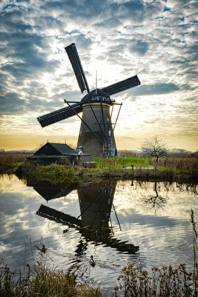 네덜란드 유럽에서 Kinderdijk 반사와 황혼의 물에서 풍차의 유네스코 — 스톡 사진