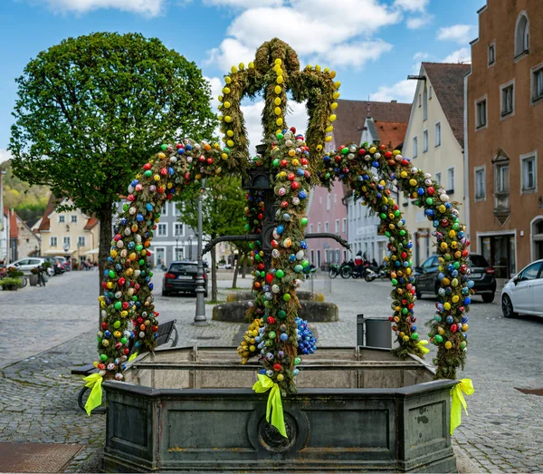 Easter Decoration Center Village Berching Germany Painted Easter Eggs Branches — Stock Photo, Image