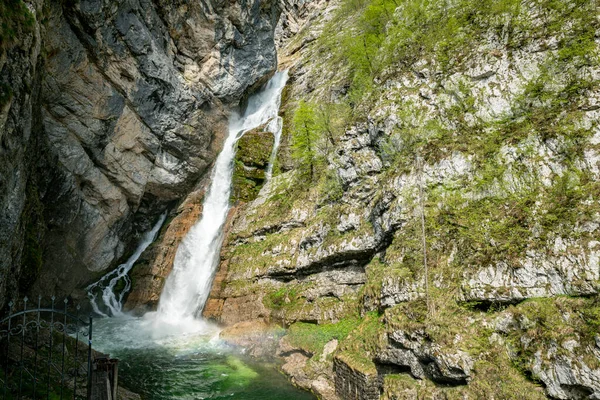 スロベニア スロベニアのスラップサヴィカボヘニアバレースロヴェニアトリグラフ国立公園の二重滝 ボーニャ湖に餌を与えるサヴィカ滝 — ストック写真