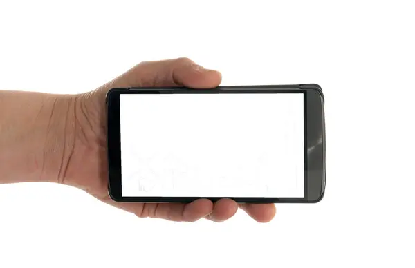 Ręka Żeńska Telefonu Komórkowego Odizolowany Biało Jako Makieta Koncepcja Miejsca — Zdjęcie stockowe