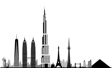Siluet siluetinde Burj Halife, Eyfel Kulesi ve siyah beyaz diğer simgeler yer alıyor. Dünyanın dört bir yanından mimariyle mimari ufuk çizgisini vurguluyor