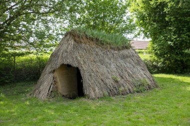 Yeşil çimenler ve parlak gün ışığı altında uzun ağaçlarla çevrili taşralı sazdan çatı kulübesi, Blangy sur Bresle, Fransa 'da doğal ve sakin bir tarihi bina sergiliyor.