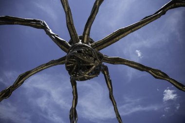 Bilbao, İspanya, 18-05-2025: Fransız sanatçı Louise Bourgeois 'in ünlü açık hava dev örümceği Bilbao Müzesi' nin arkasında nehir kenarında duruyor.