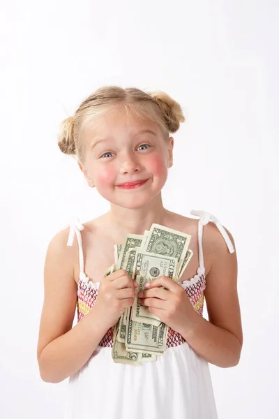 Menina Com Dinheiro Fundo Branco — Fotografia de Stock