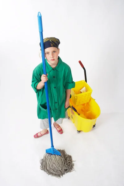 Little Girl Dressed Janitor — Stock Photo, Image