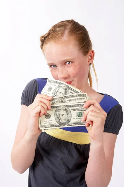 Meisje Met Dollarbiljetten Witte Achtergrond — Stockfoto