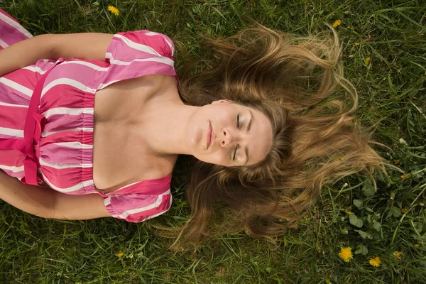 Top View Woman Lying Meadow — Stock Photo, Image