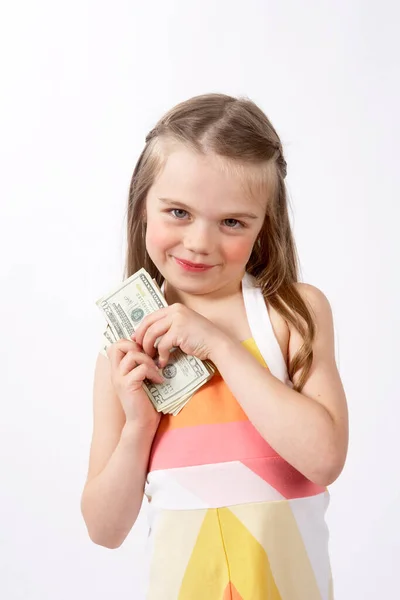 Девушка Деньгами Белом Фоне — стоковое фото