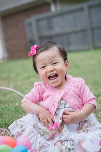 Portrait Toddler Girl Wearing Pink Sitting Grass Laughing Easter Basket — Stock Photo, Image