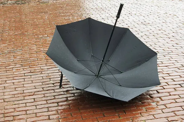 Otevřený Deštník Ležící Mokrých Dlažebních Kostkách — Stock fotografie