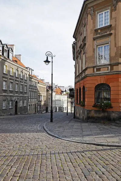 Old Buildings Lamp Post Cobblestone Street Corner Old Town Warsaw — Stock Photo, Image