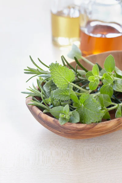 Fresh Herbs Bowl Bottles Oil Aromatherapy — Stock Photo, Image