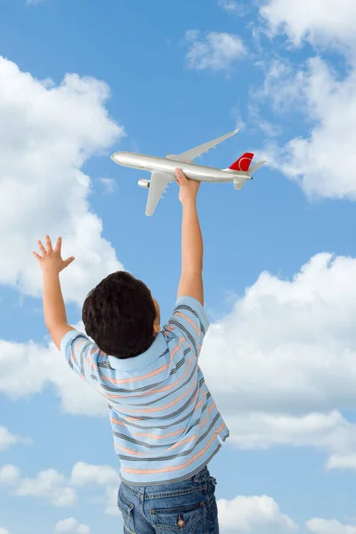 Boy Playing Toy Airplane — Stock Photo, Image