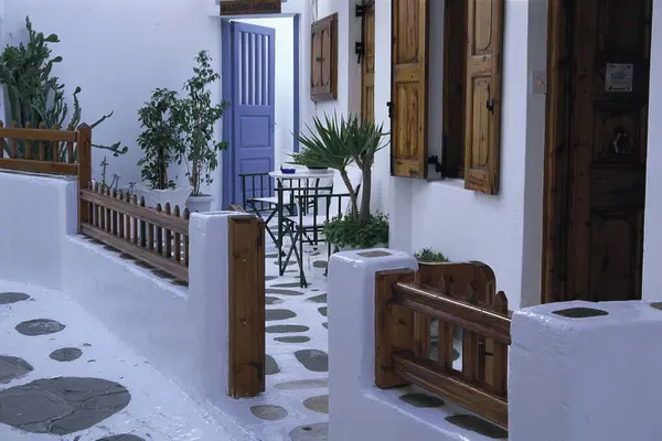 Dům Modrou Bránou Mykonos Řecko — Stock fotografie