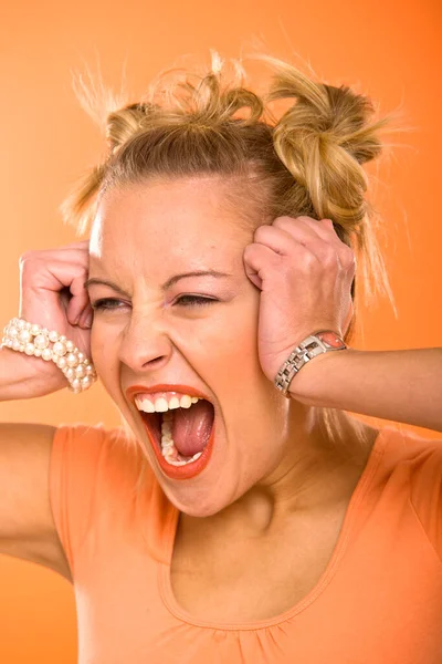 Woman Yelling Orange Background — Stock Photo, Image