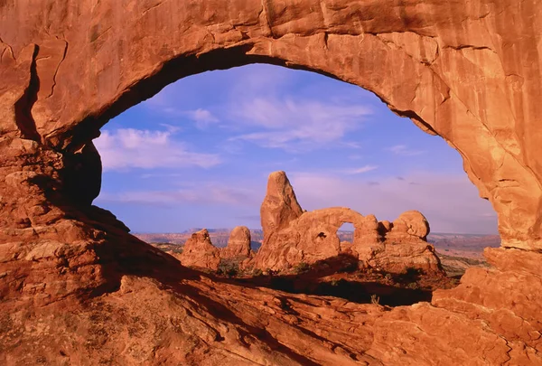 Turret Arch North Window Sunset Arches National Park Utah Usa — Stock fotografie