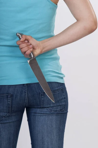 Woman Holding Knife Her Back — Stock Photo, Image