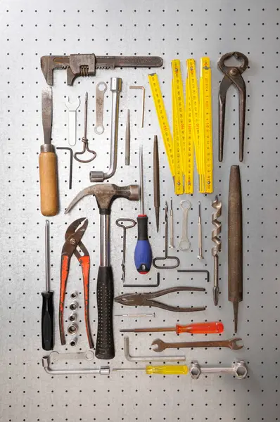 Silver Pegboard Various Tools — Stock Photo, Image