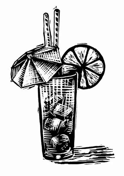 Ročník Ručně Kreslené Ilustrace Koktejlu Citrónem — Stock fotografie