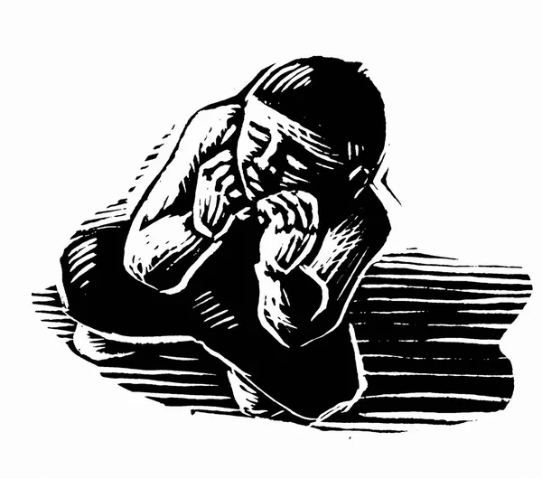 Ročník Ručně Kreslené Ilustrace Muže Smutným Výrazem — Stock fotografie