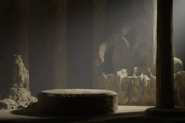 Boş arka plan sahnesi. Sis ya da sisli koyu yoğunlaştırılmış döşeme, ürün gösterimi için sahne. Ürün sunumu için boş gösteri. Ürünler için arka plan. Kalıbı düzenle.