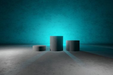 Bir podyum ve ürün standının koyu arkaplanda 3 boyutlu canlandırması.