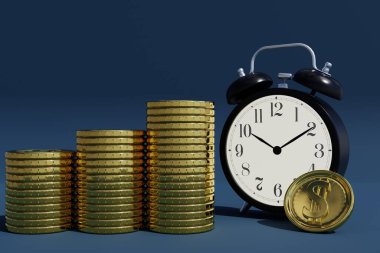 Mavi arkaplanda bozuk paralar ve alarm saati