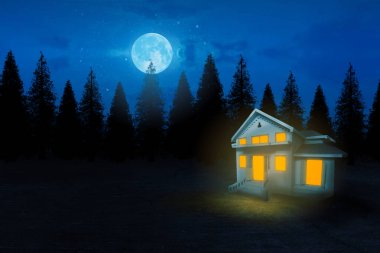 Ay ve yıldızların olduğu bir tepede bir ev.