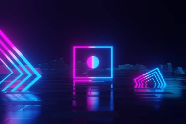 Soyut neon ışıkları olan fütüristik bir arka plan. 3d oluşturma