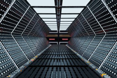 Fütüristik model sahne, soyut metal fütüristik bilim kurgu koridoru iç tasarımı, 3 boyutlu tasarım, 3 boyutlu illüstrasyon