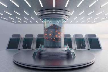 Fütürist uzay gemisi iç mimarisi. 3d oluşturma