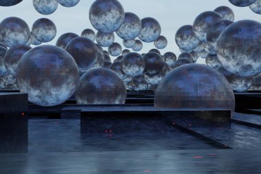 Üç boyutlu arka plan. Ürün sergisi için bilim kurgu sahnesi. Ürün sunumu için boş gösteri. Küreli ürünler için arka plan. Kalıbı düzenle.