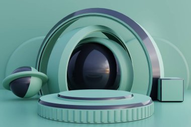 3 boyutlu illüstrasyon, soyut arkaplan, geometrik şekiller, podyum, ürün görüntüleme, vitrin, ürün sergisi.