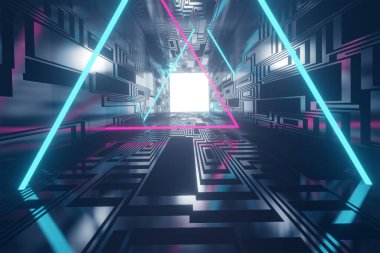 Neon ışıkları olan soyut fütüristik bir arka plan. 3d illüstrasyon