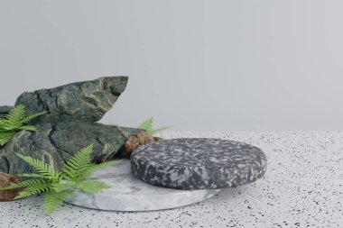 Taze yeşil deniz yosunu ve beyaz arka planda gri taş