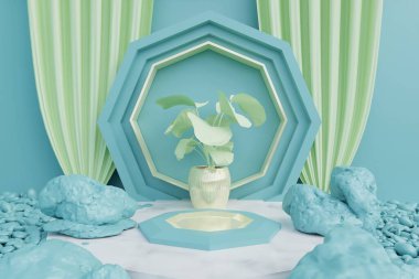 Arka planda mavi ve beyaz çiçekli podyum. Kalıplaşmış ürün sergisi. 3 boyutlu görüntüleme. 3d illüstrasyon