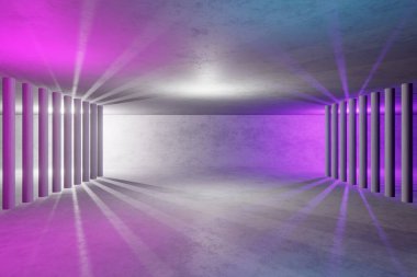 Mor neon ışığı olan boş karanlık oda. 3d oluşturma
