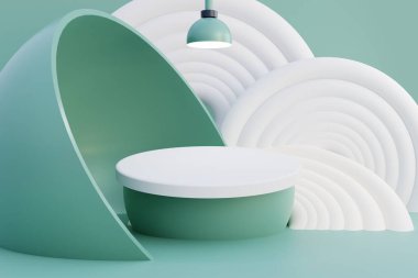 Yeşil arka planda geometrik şekilli podyum ya da kaide. 3 boyutlu resimleme.