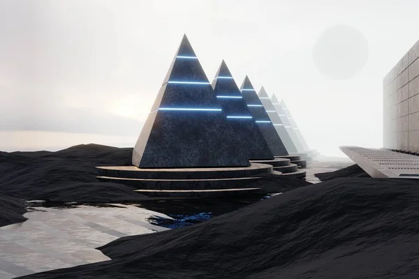 Rendering Astratto Paesaggio Tecnologia Futuristica Con Piramidi Sulla Superficie Liquida — Foto Stock