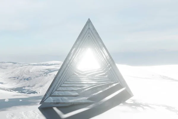 Rendering Abstrakter Futuristischer Technologielandschaft Mit Pyramide Auf Weißer Oberfläche Illustration — Stockfoto
