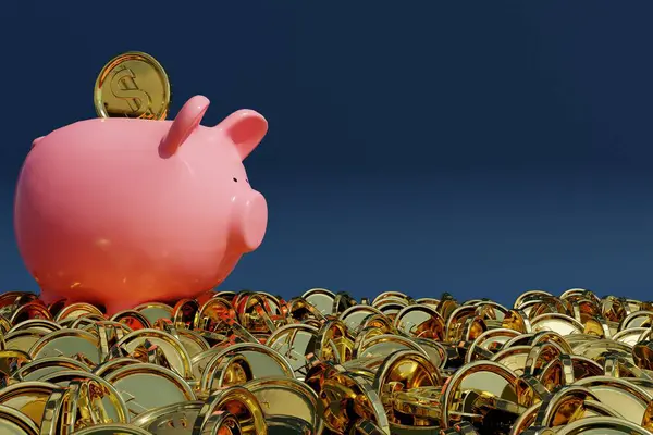 Piggy bank, stacks of gold money coin on dark background. Saving money concept. 3D Rendering.