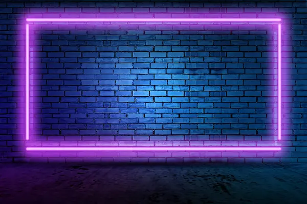 Fütürist bilimkurgu Modern Parlak Dikdörtgen Çerçeve Çerçeve Şekli Çizgiler Pembe Tüpler Mor Lacivert Işıklar Koyu Boş Grunge Beton Odası