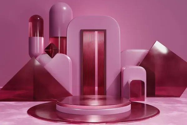 幾何学的な形および台座が付いているピンクの背景 — ストック写真