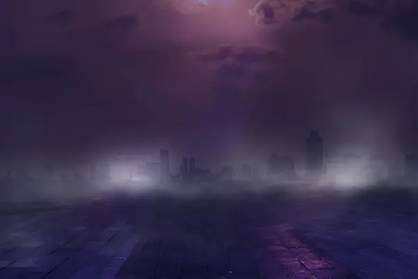霧と紫色の光で街の夜霧 — ストック写真