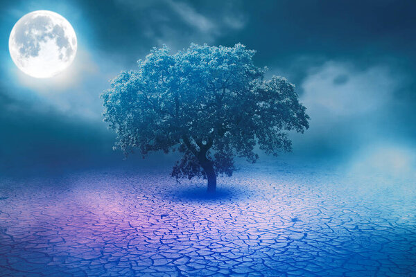 Moon in a night sky with tree, 3d render of neon landscape