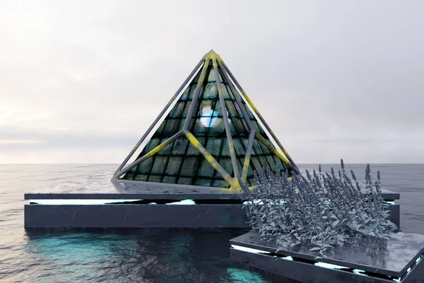 Rendering Astratto Paesaggio Tecnologia Futuristica Con Piramide Sulla Superficie Liquida — Foto Stock