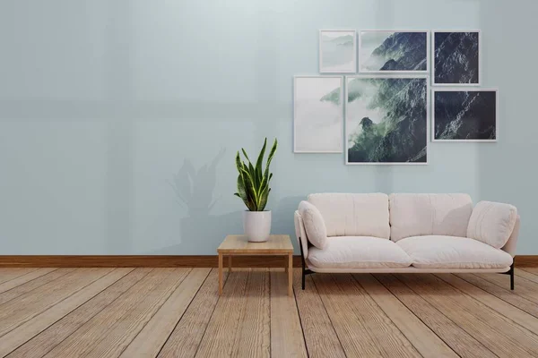 interior of modern living room with houseplant and white sofa. 3 d rendering