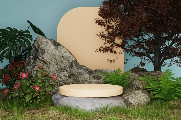 Abstrakter Podiumshintergrund Mit Naturelementen Stein Gras Blume Und Baum — Stockfoto