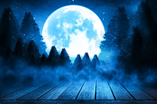 Night sky and full moon with trees and stars